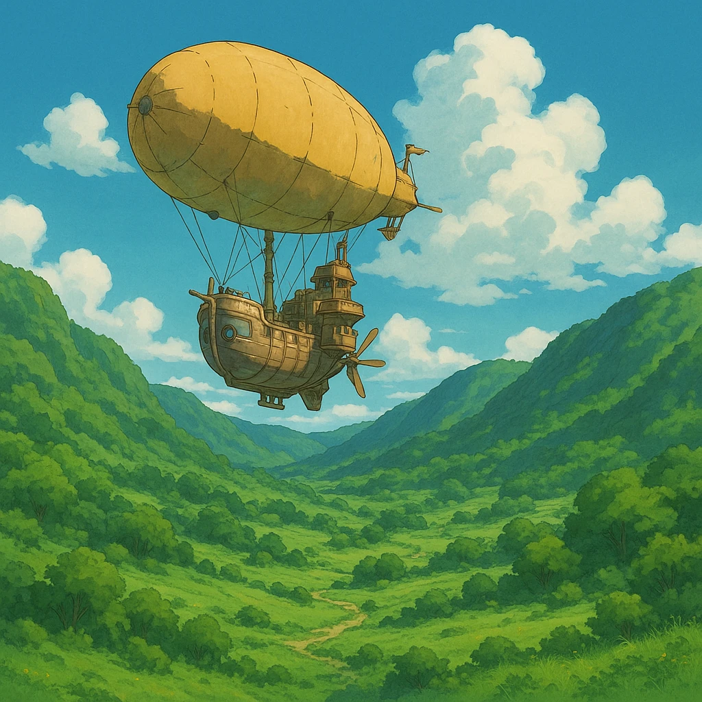 flying airship over a lush green valley emoji