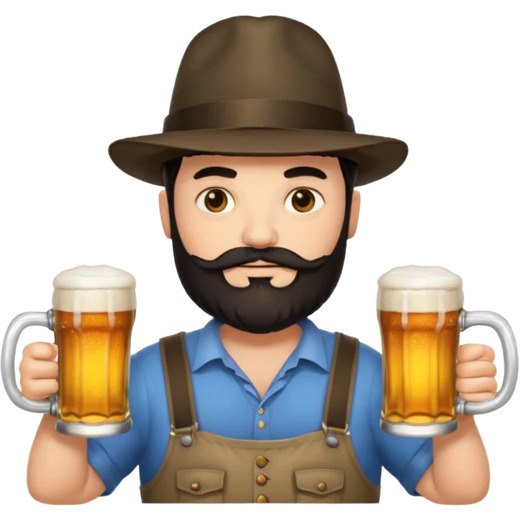 big man in yoga pose, bright skin, dark beard and dark short hair, holding beer mugs emoji