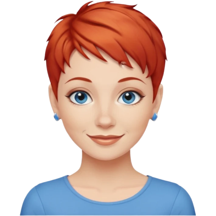 27 year old white woman, red hair, pixie cut, blue eyes emoji