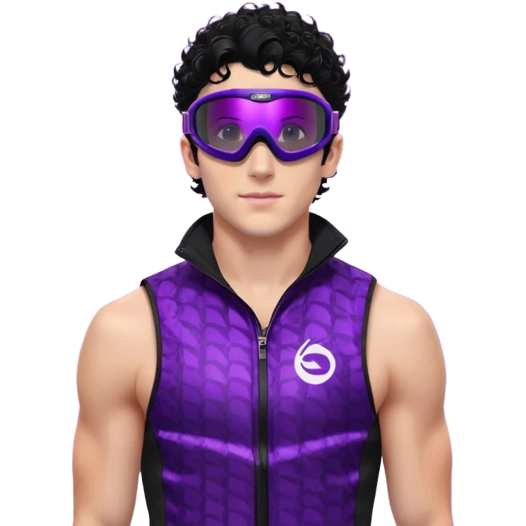 male athlete with white skin and moderately curly black hair on top with shaved sides, wearing ski goggles with purple frames and very dark black lenses, a simple plain black chain necklace, and a completely unzipped sleeveless vest with purple and black sequin fire pattern design with no logo or brand emblem, fully revealing his chest, shoulders and arms, no earrings emoji