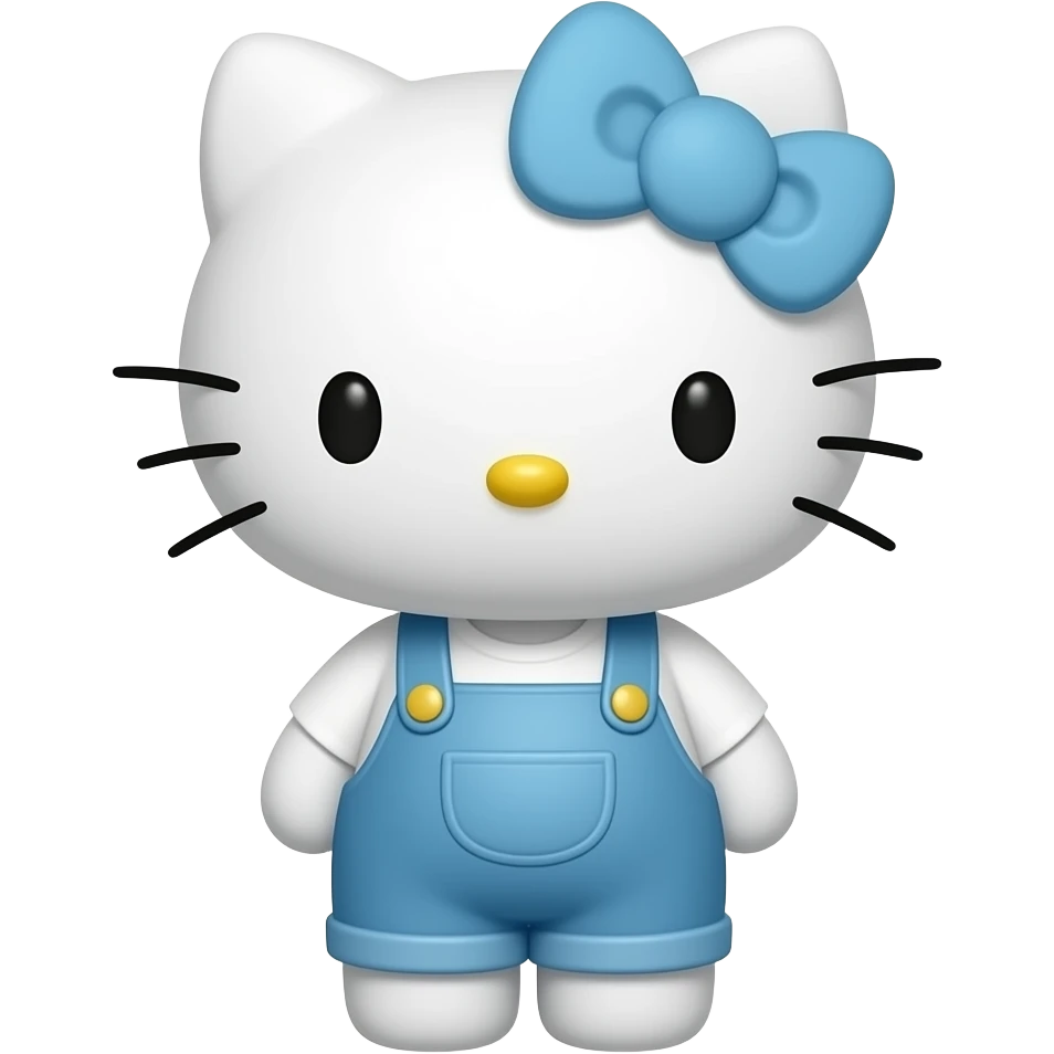 Hello Kitty wearing light blue overalls and a white shirt with a light blue bow emoji