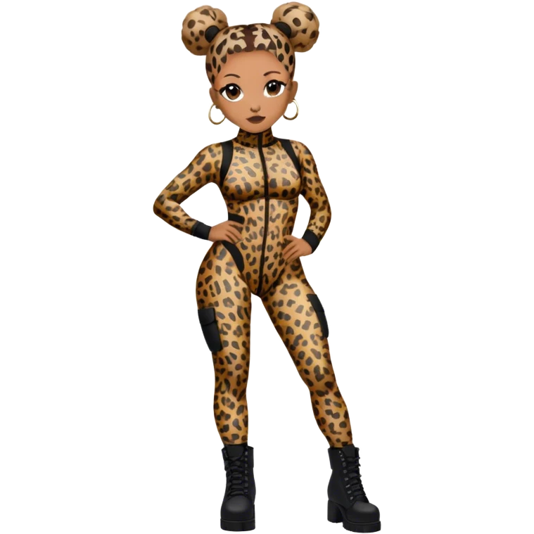 Melanie Brown with her hair in space buns and wearing a tight leopard print two piece bodysuit and black combat boots emoji