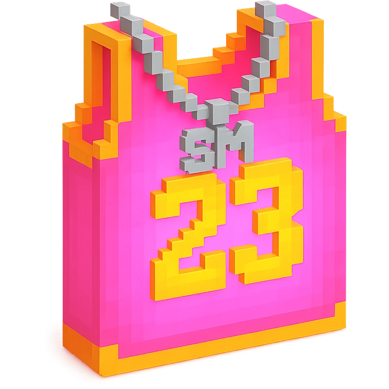 светящейся розовая баскетбольная майка с надписью "23" и серебряная цепь с надписью "SM", no background emoji