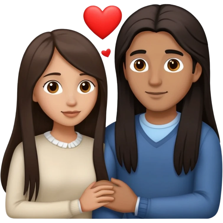 Una pareja donde el hombre es de piel mestiza con cabello castaño oscuro solo un poco largo y liso, y la mujer de piel clara, cabello castaño oscuro y largo, que estén abrazados con corazones blancos
 emoji