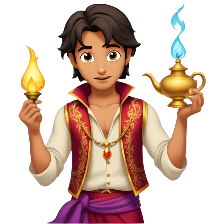 Cinematic Realistic Aladdin Portrait, depicted with lifelike, warm skin textures and a confident yet approachable gaze. His dark, wind-tousled hair frames expressive eyes full of adventure and kindness. Dressed in his iconic vest and loose trousers with intricate detailing, he holds a subtle glimmer of a magic lamp, all rendered under soft natural lighting with a radiant glow that captures his resourceful spirit. emoji