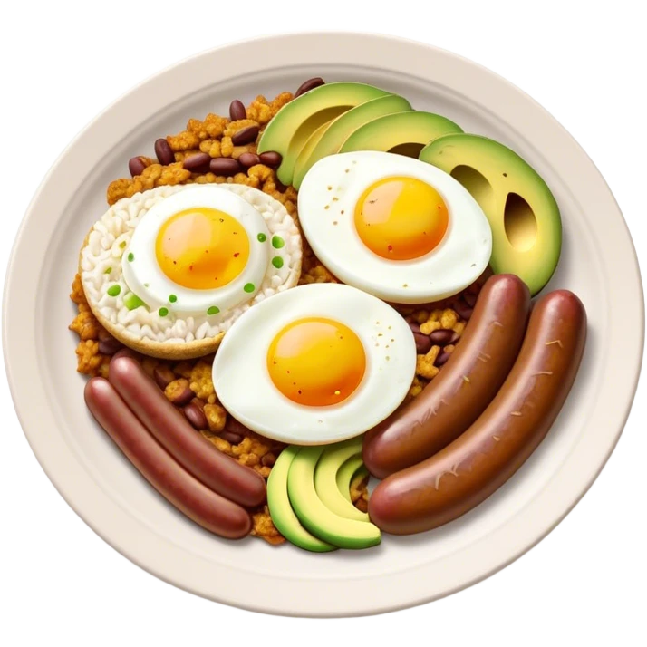 Bandeja Paisa Cinematic Realistic Bandeja Paisa Dish Emoji, depicted as a hearty platter featuring rice, beans, avocado slices, one sausage, a perfectly cooked egg, and crispy pork crackle, rendered with vivid textures and robust, inviting lighting. emoji
