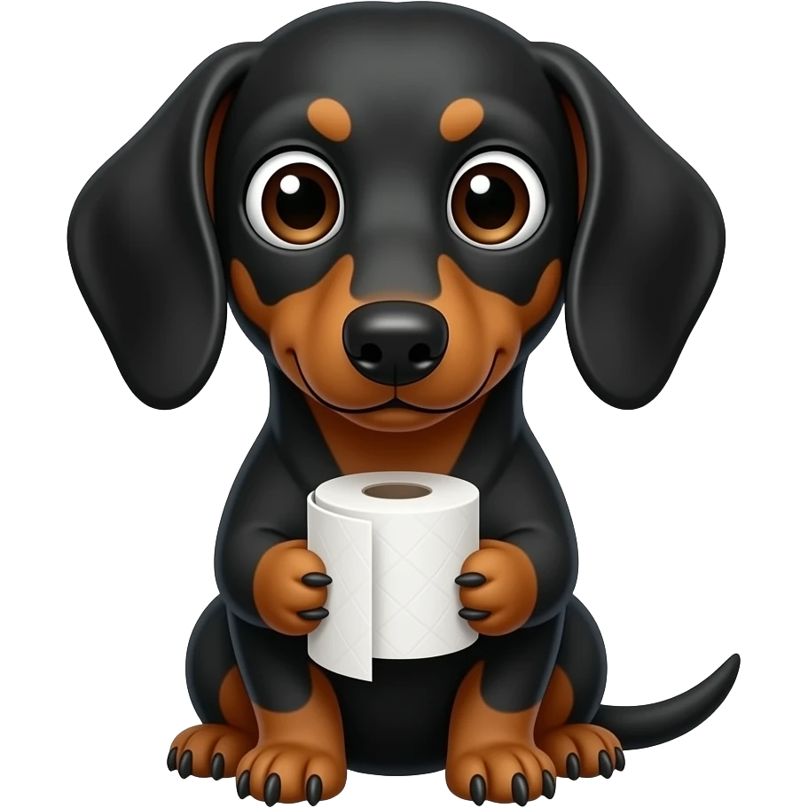 whimsical sitting dachshund wide eyes full body holding a toilet paper emoji