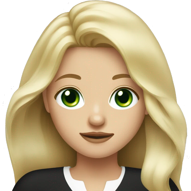 Blonde girl with long hair, with green eyes in a black dress with a white neckline emoji