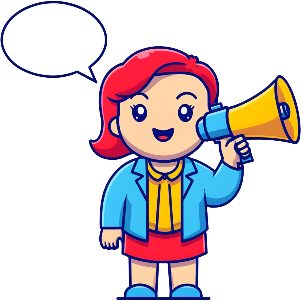 cute cartoon female psychologist with megaphone and feminist symbol, joyful and humorous, pink red yellow palette, modern style emoji
