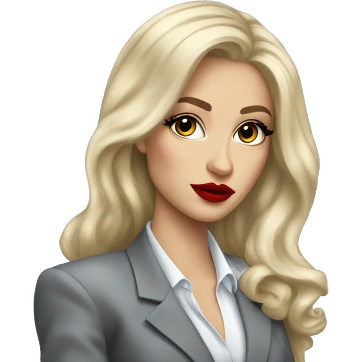 Russian Blonde long hair with big red lips small nose and black eyes Tiffany diamond seller in a grey suit emoji