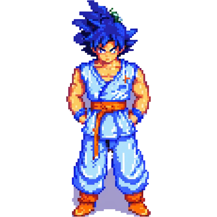 Goku, pixel art, classic anime look, fighting stance, blue and orange colors emoji