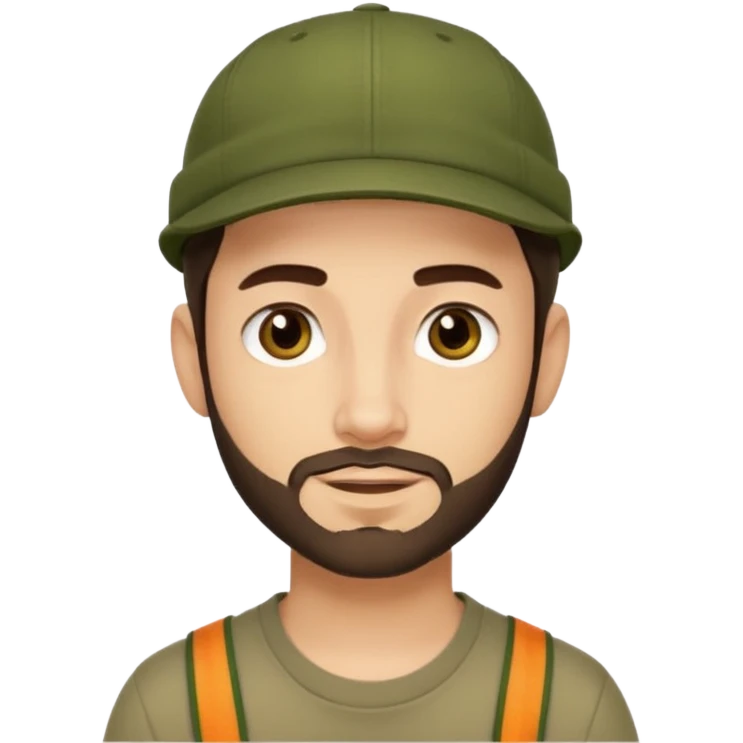 Apple emoji style young man with light skin, short stubble beard, dark eyes, olive green cap, dark brown hair. Clean shapes, soft gradients, friendly expression. emoji