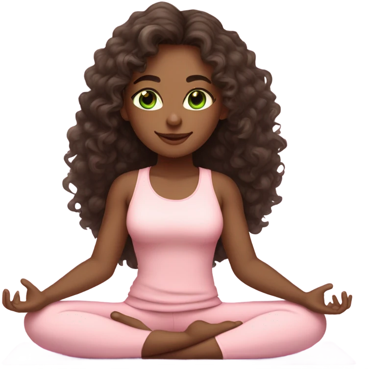 Dark brown long curly hair and green eyes yoga beautiful girl in light pink pink pink clothes sitting on a yoga mat emoji