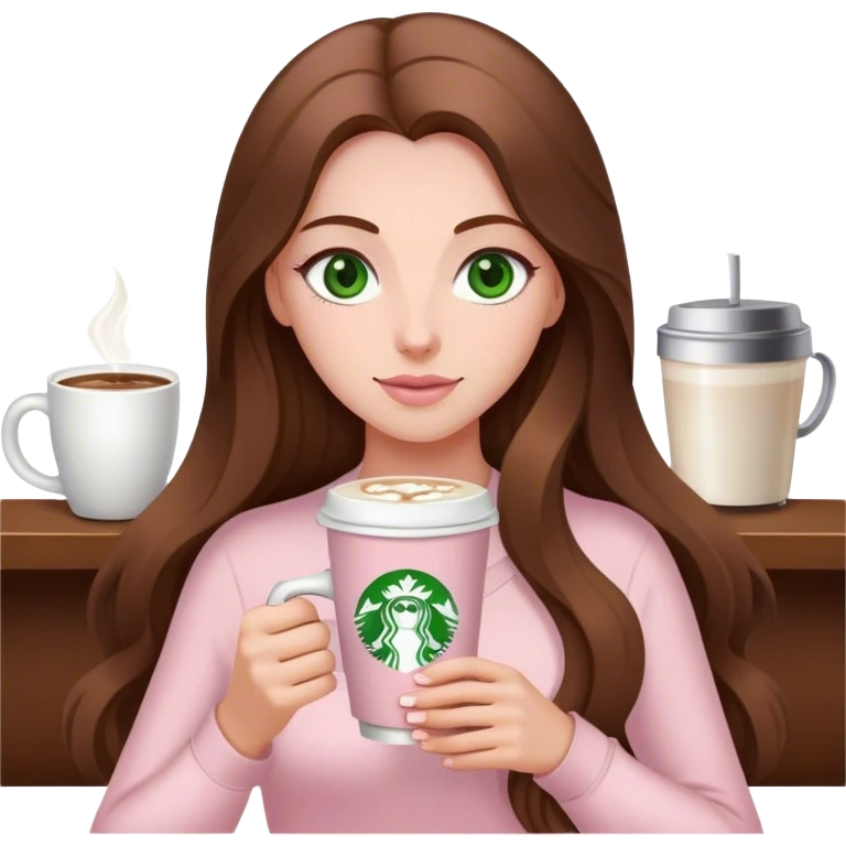 pretty woman with very long brown hair and green eyes and light pink outfit with a latte emoji