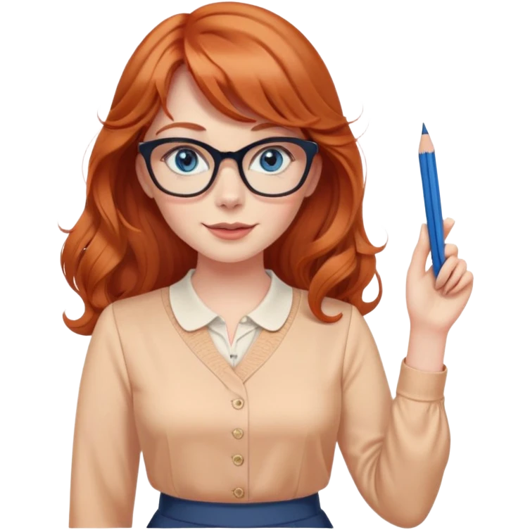 redheaded woman with long wavy hair and bangs, blue eyes, cat-eye glasses, pencil skirt, apricot blouse, holding a pencil, waving emoji