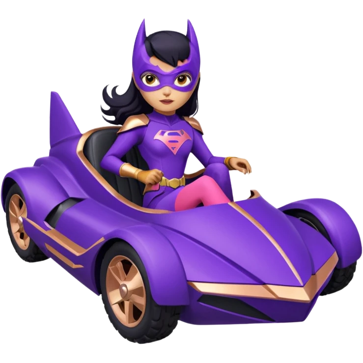 Hot full size real-appearance racing action BatGirl’s Lego feminine midnight-purple tight outfit sixty’s tv show 1992 stealth retro cat burglar sporty petite off-road pursuit hovering hover cruiser car rose gold accents (black hair,reclined and relaxed seating position and attitude) desert emoji