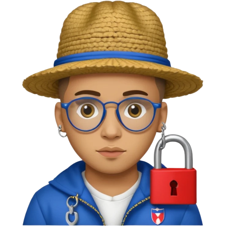 An emoji of Bad Bunny, the superstar from Puerto Rico. The singer. His hair is curly. He has a padlock beard. An an traditional boricua hat.  emoji