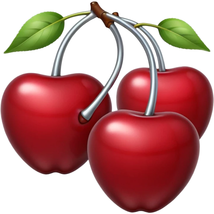 A pair of cherries emoji made of polished silver chrome, smooth rounded shapes, glossy metallic finish, soft highlights and reflections, cute proportions, iOS emoji style, centered, clean white background, no text emoji
