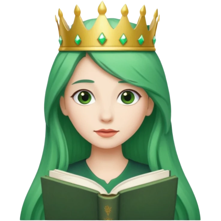 Long Hair Women with green Book, White straight hair, crown

 emoji