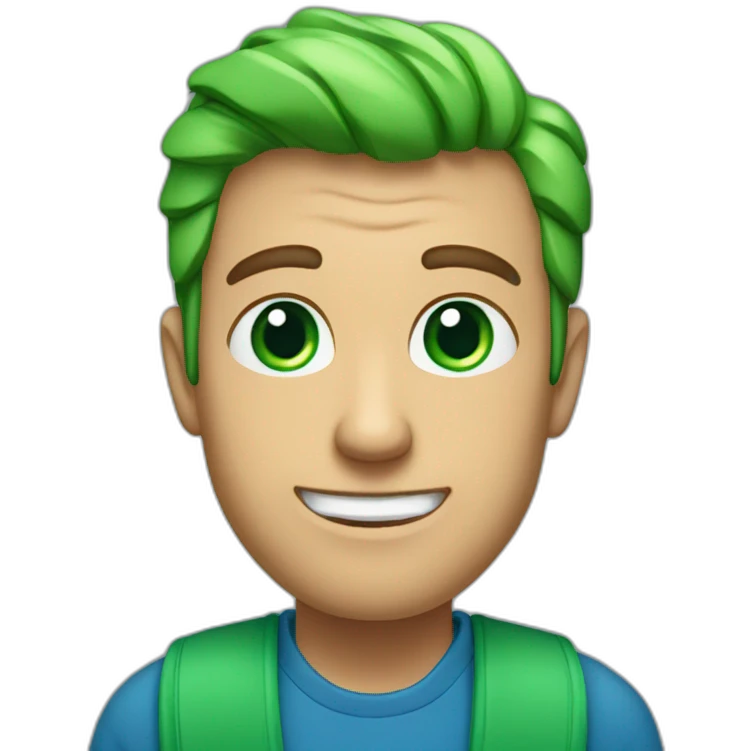 a man, green eyes, blue sweatshirt, green rubies on his head, waves hello emoji