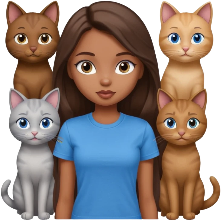 a pretty bratz dusky light skin girl with long brown hair, blue eyes with six cats nd wearing a grey tshirt emoji