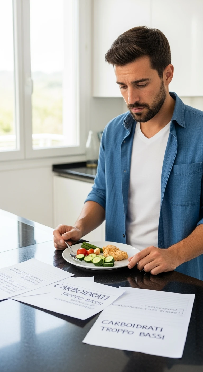 Uomo sui 35 anni in cucina, con espressione affaticata e spenta, guarda un piatto con pochissimi carboidrati (solo qualche verdura e proteine). Accanto a lui, fogli con una dieta rigida e una scritta visibile: 'Carboidrati troppo bassi'. emoji