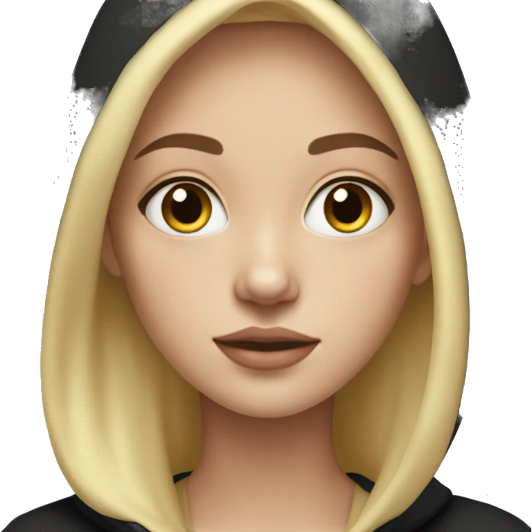 Pale girl with black straight hair. Black hoodie. Gold hoop earrings.  emoji