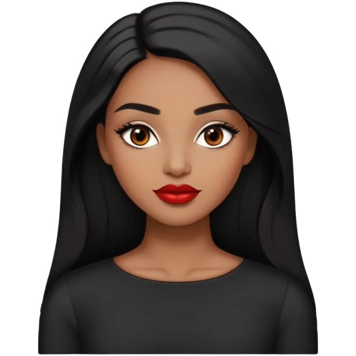 Woman with rich brown skin tone, oval face, elegant features, dark brown eyes, arched eyebrows, red lipstick, long black hair, wearing a black top emoji