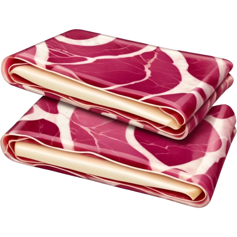prosciutto thin folded slices, deep pink-red, translucent, creamy white fat marbling, natural curl, silky surface, no plate, garnish, or packaging, soft lighting, emoji scale emoji