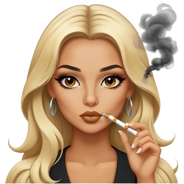 blonde gorgeous girl long hair with latina makeup smoking a cigarette and blowing smoke baddie winged eyeliner  emoji