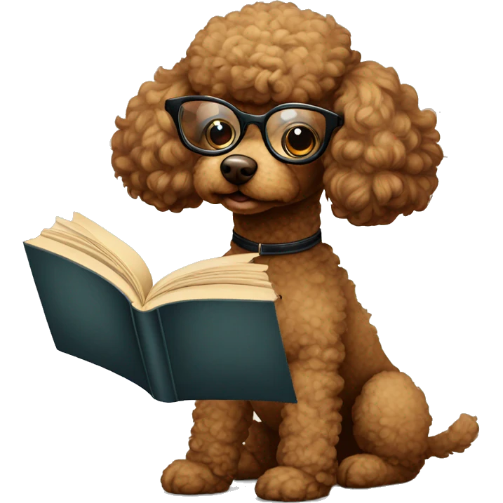 Brown poodle with wire rim glasses reading a book emoji