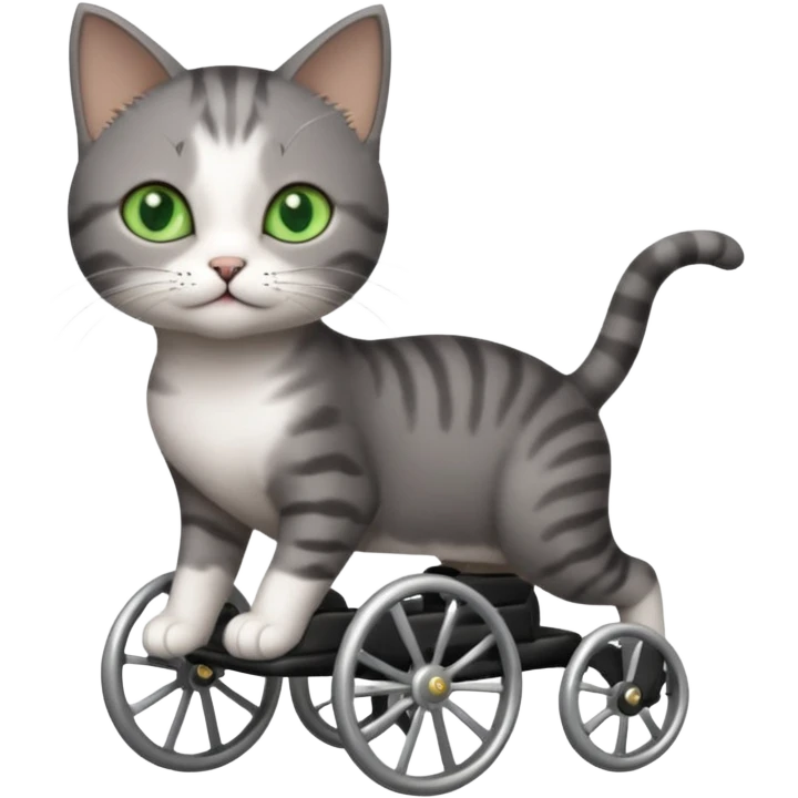 full body small short hair dark grey and white cat with green eyes walking in a wheelchair for cats emoji