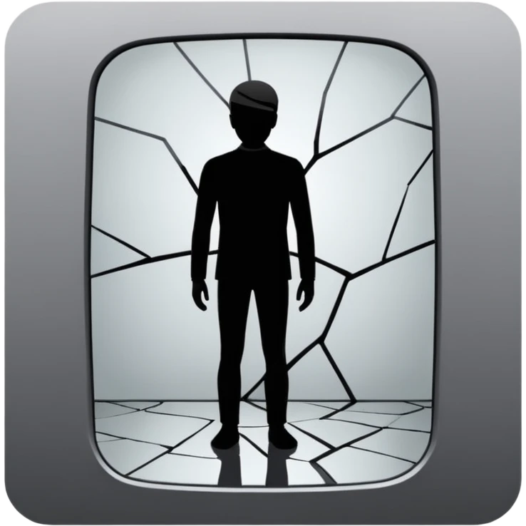 Minimalist emoji-style sticker of a person standing in front of a cracked mirror. The mirror shows a dark shadowy silhouette or distorted figure instead of a reflection. Flat black and white design with muted gray tones. No text. Bold, clean lines. Square composition. No shading or gradients. emoji