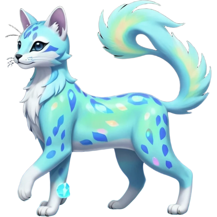 Colorful Iridescent Shiny Pastel Nebulae Glowing Neon Bioluminescent Bright Icy Elemental Pawny Majestic Elegant Thin Long Mature Realistic Liepard-Amaura-Litten-Sprigatito-Caracal-Lynx-Genet-Civet-Glaceon-Pokémon-fusion-creature (full body) emoji