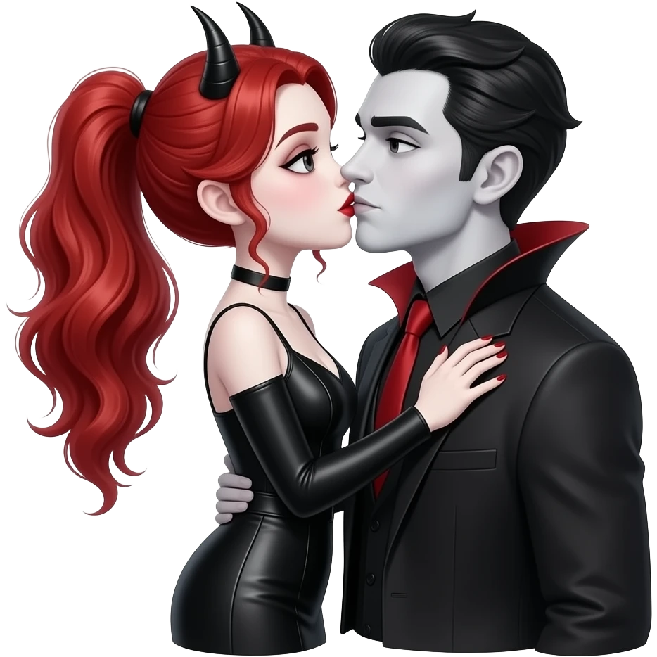 Vampiro femmina adolescente con pelle bianca e capelli rosso ondulati lunghi raccolti in una mezza coda che indossa un vestito stretto in vita e LUNGO FINO AI PIEDI sotto con maniche lunghe nero e stivali lunghi con tacco neri che sta baciando il suo ragazzo VAMPIRO emoji