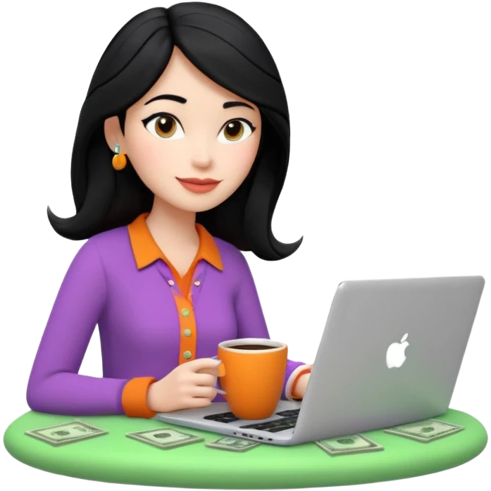 3D clay woman character relaxed with laptop and coffee in Paris, floating icons (dollars), colofrful modern outfit, white laptop, Pixar style, transparent background, black hair, fair skin,  emoji