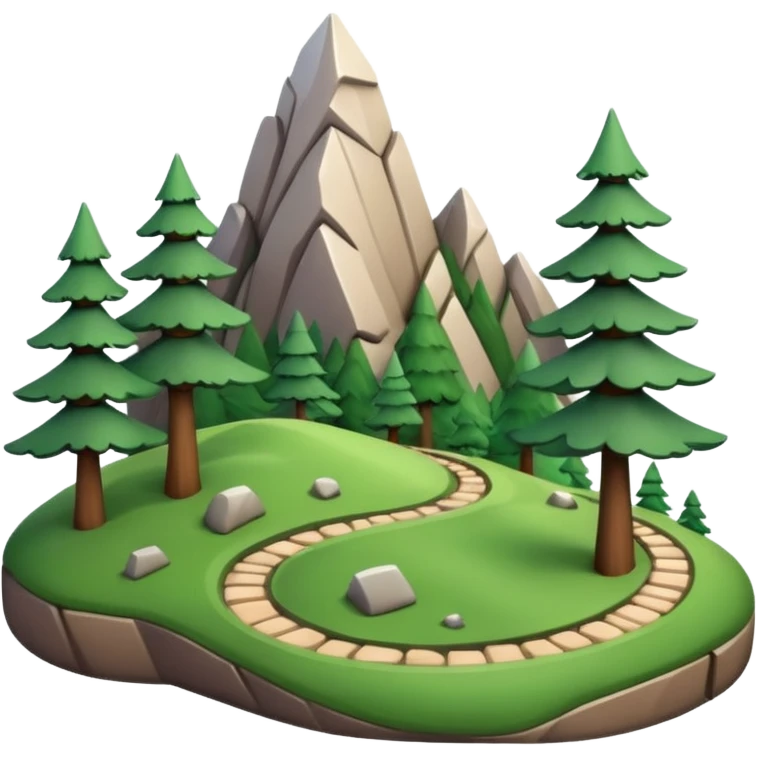 A 3D cartoon mountain trail winding up green slopes with stones and pine trees, distant peaks in background, warm daylight, Memoji-style.A 3D cartoon coiled climbing rope with a carabiner, golden color, resting on a rocky surface, realistic soft shadows, Memoji-style rendering. emoji