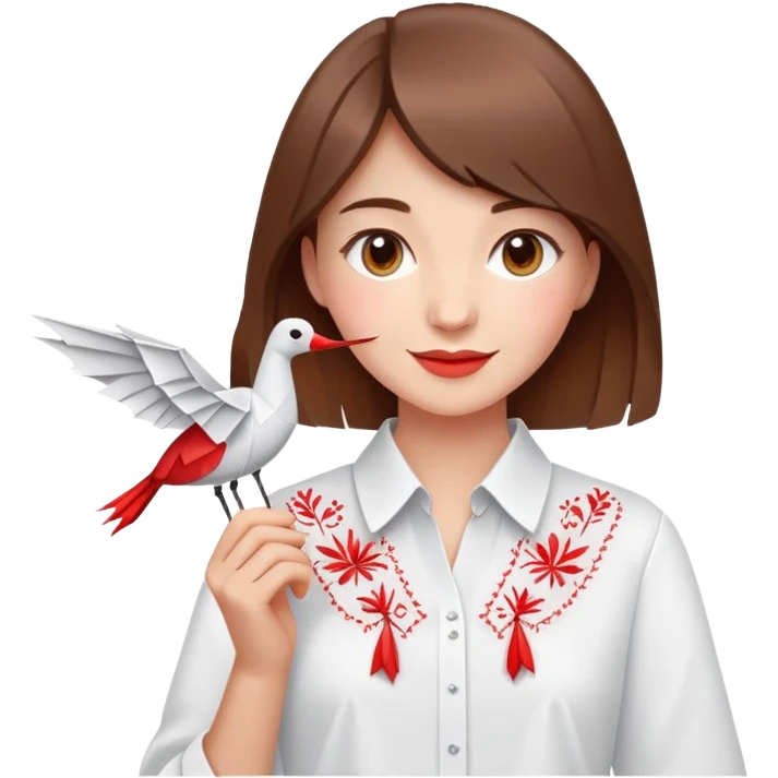 Happy Ukrainian young girl with brown hair in a white embroidered shirt holds an origami red crane emoji
