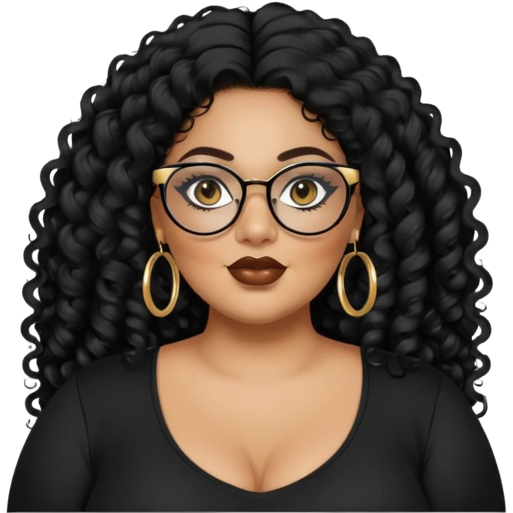 big plus size, latina, darker tan skin, gold hoops, long black curly hair, baddie,pretty, makeup, lipgloss, black eyeliner, long hair, black top, black glasses emoji