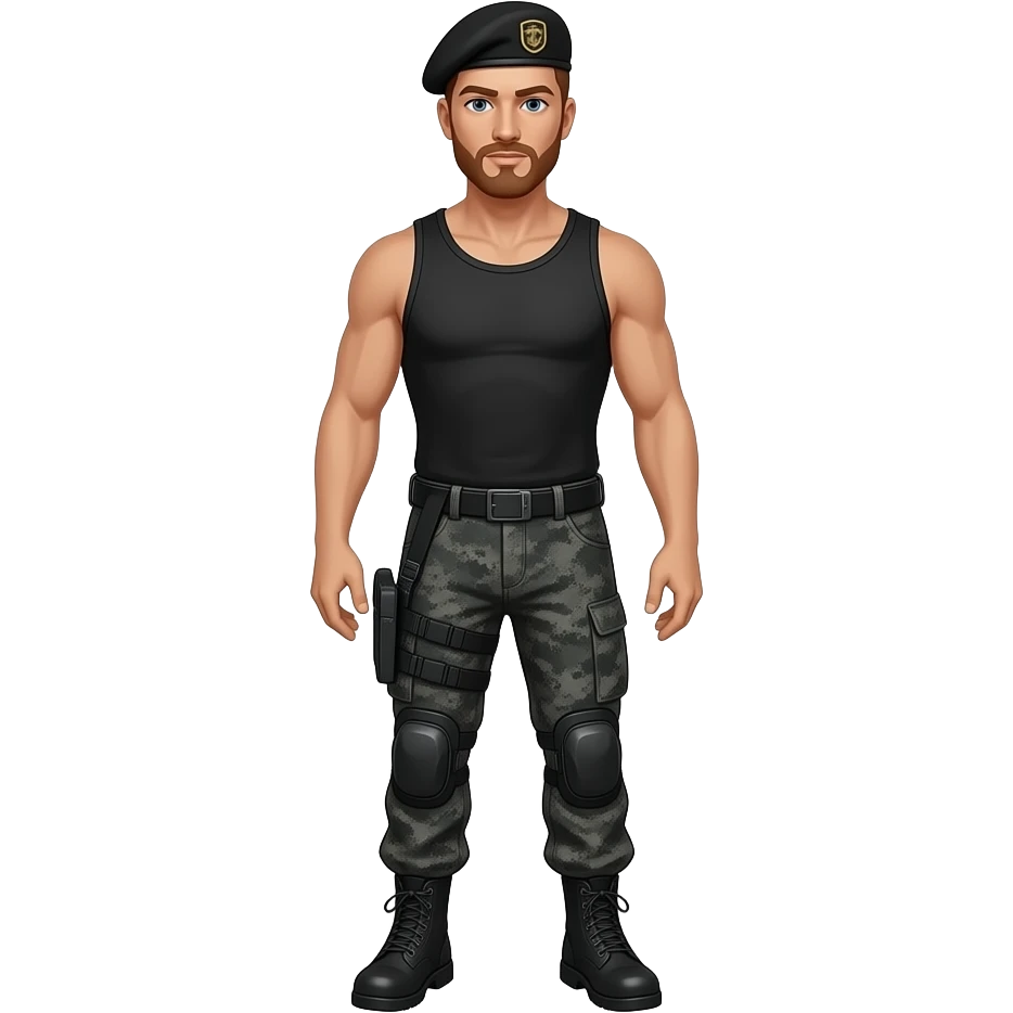 Full body guy wearing combat boots, black bdu pants, black tanktop shirt and black baret red goatee emoji
