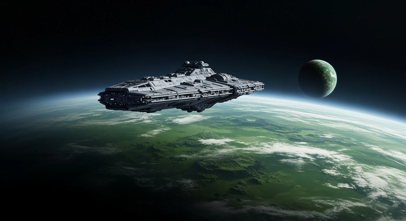 cinematic still, single starship, greem planet in distance, inspired by StarWars movie, captured by arri alexa  emoji