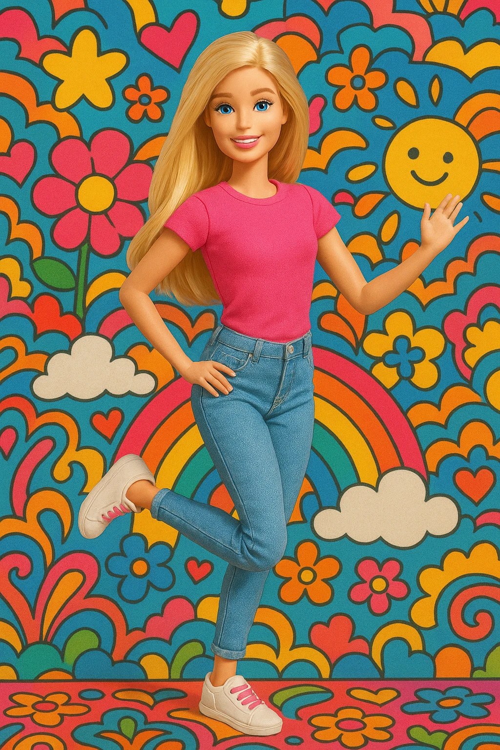blonde Barbie, casual clothes, playful pose, bright and colorful background emoji