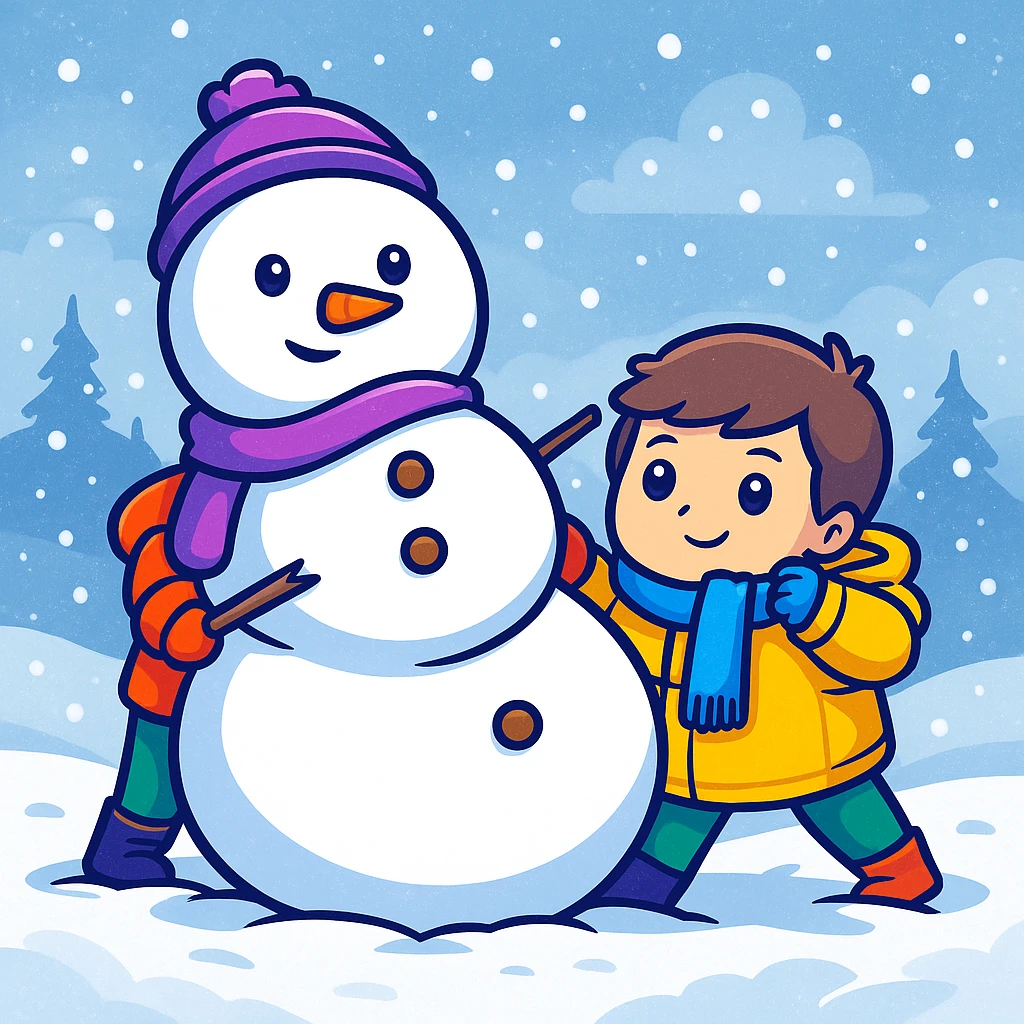 Add a snowy background behind the kids building a snowman, keep the original sticker style emoji