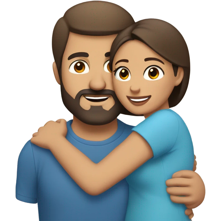 Brunette Puerto Rican with dark brown eyes wearing a cute blue blouse giving comforting hug to short, bald man with brown eyes, laugh lines, and a beard emoji
