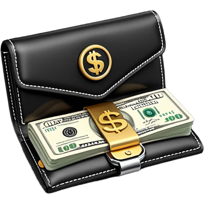 Rich emoji style black leather wallet with dollar bills, luxury money vibe, premium 3D emoji, ultra clean, high detail, no background
 emoji