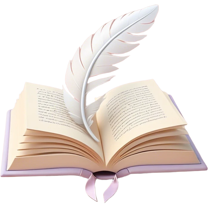 Create a delicate and poetic emoji representing poetry. The design should feature several elegantly flying pages with short poetic columns written on them. The pages should appear light and flowing, almost as if being carried by the wind. Include one white feather, gently resting on the pages, symbolizing creativity and inspiration. Use soft, pastel tones to give it a dreamy, artistic feel. The design should feel ethereal and whimsical, capturing the essence of poetry. Make the background transparent. emoji