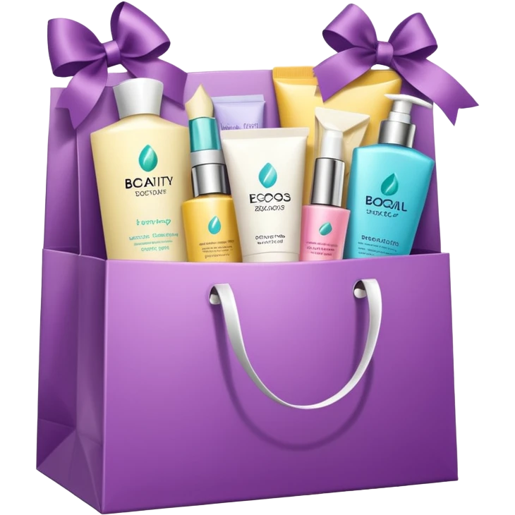 Gift bag with beauty products (shampoo, creams, styling products), a gift bag is beautyful open box full of luxury brand-labeled beauty products emoji