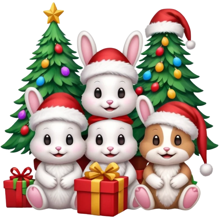 Smiling Bunnys with Santa hats sitting by as friends around brightly lit colorful Christmas trees and candy canes 🎁  emoji