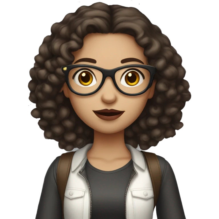 Medium colored skin girl, dark brown hair, curly hair, glasses, dark brown eyes, pale skin, red lips, long hair, holding starbusk emoji