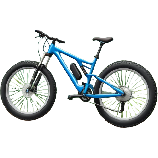 An icon featuring a mountain bike with wide tires, positioned on a forest trail or rocky mountain road. The background shows dense trees, steep slopes, and distant peaks under a clear blue sky. Transparent background highlights the thrill and rugged beauty of mountain biking. emoji